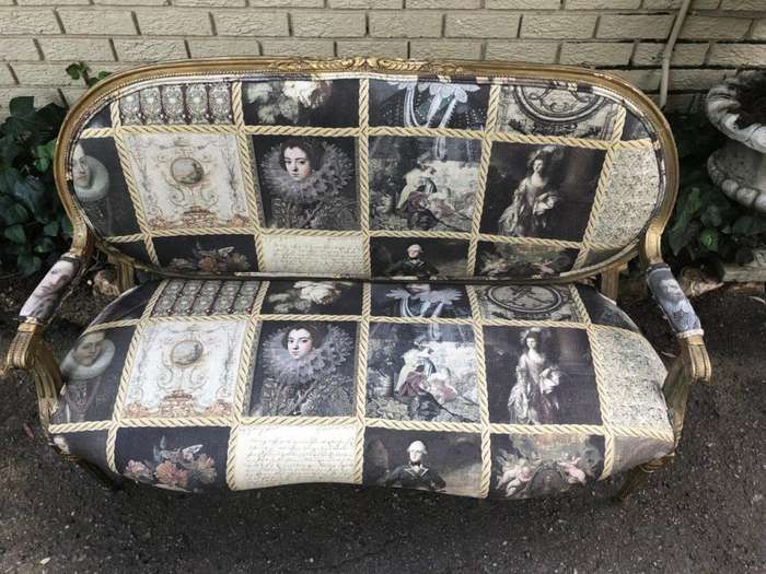 French style gilded settee with hand-painted fabric