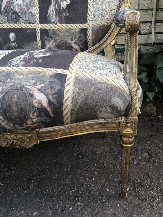 French style gilded settee with hand-painted fabric