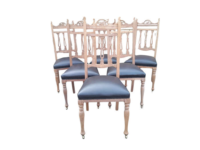 An Antique Edwardian Set of Six Mahogany Chairs Upholstered in Black Leather in a Contemporary Bl...