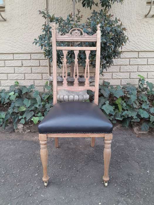 An Antique Edwardian Set of Six Mahogany Chairs Upholstered in Black Leather in a Contemporary Bl...