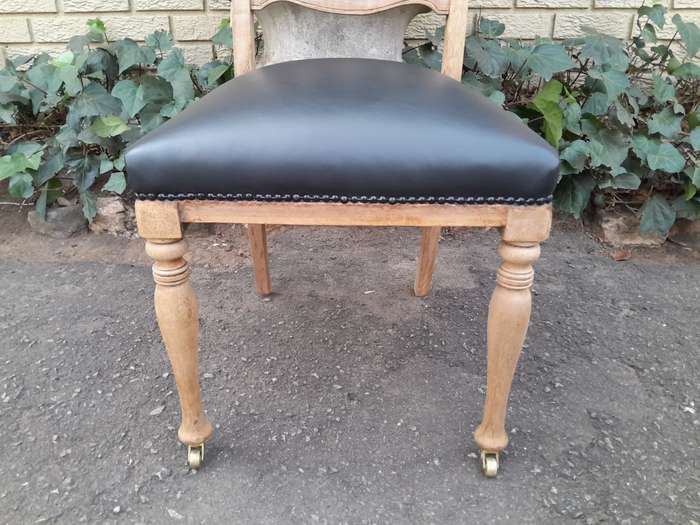 An Antique Edwardian Set of Six Mahogany Chairs Upholstered in Black Leather in a Contemporary Bl...