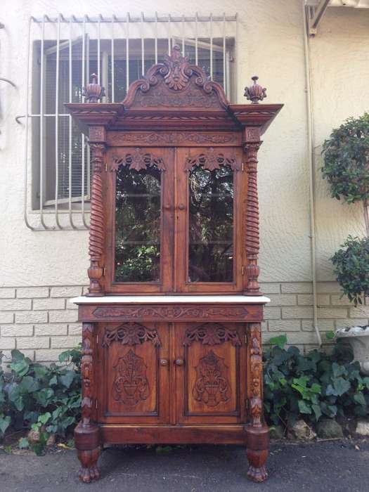 Rare 19TH Century Renaissance solid walnut buffet hutch server with marble top. Italian. Circa 1800