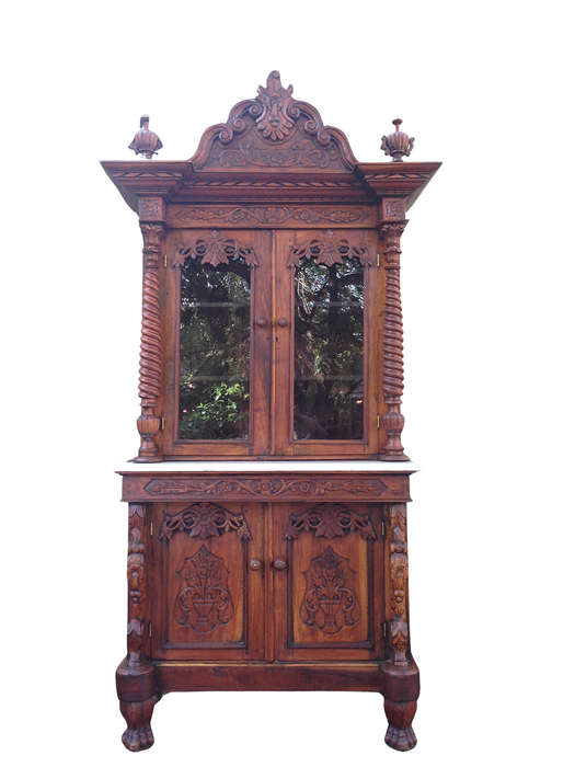 Rare 19TH Century Renaissance solid walnut buffet hutch server with marble top. Italian. Circa 1800