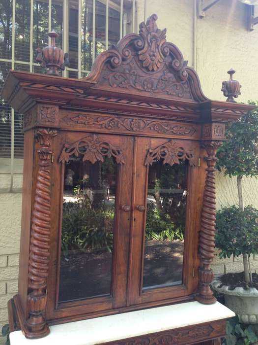 Rare 19TH Century Renaissance solid walnut buffet hutch server with marble top. Italian. Circa 1800