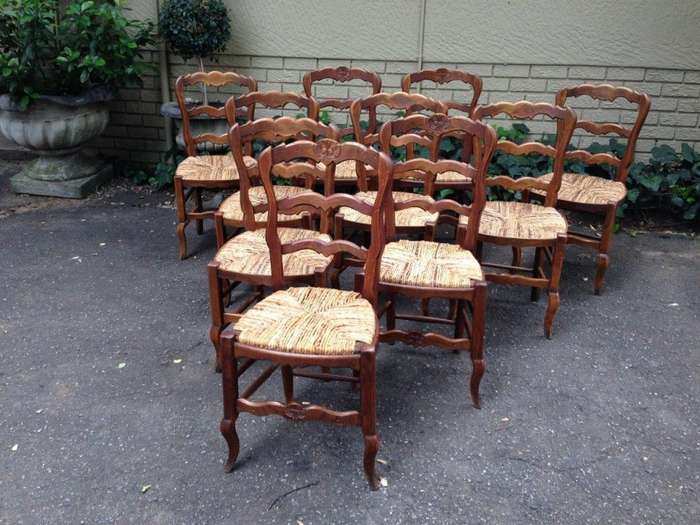 A Set Of Ten (10) French Beechwood Ladderback Chairs with upholstered Seagrass Seats