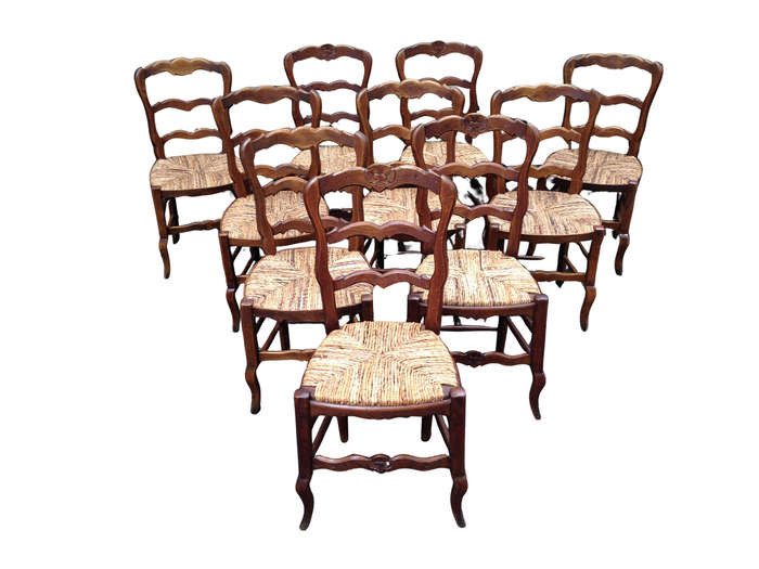 A Set Of Ten (10) French Beechwood Ladderback Chairs with upholstered Seagrass Seats