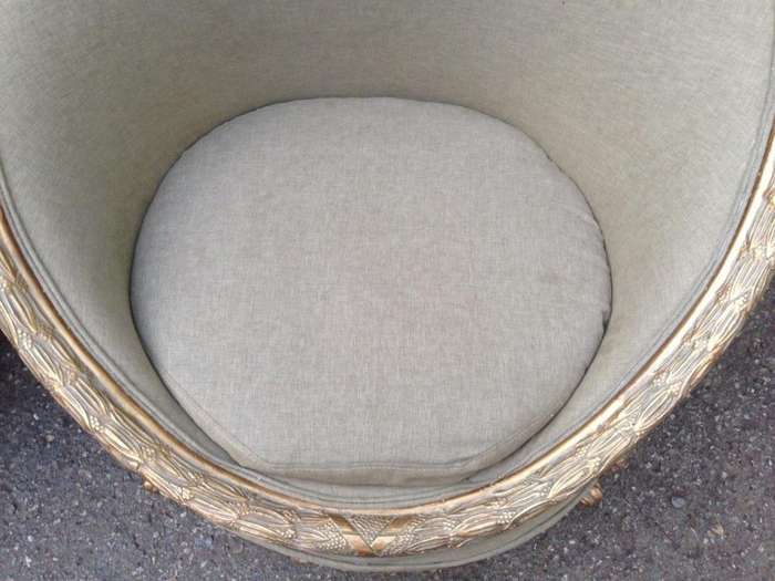 A Pair of French Empire Style Carved and Gilded Arm / Tub / Bergere Chairs Upholstered in an Impo...