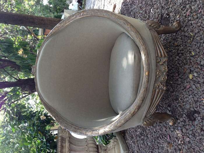 A Pair of French Empire Style Carved and Gilded Arm / Tub / Bergere Chairs Upholstered in an Impo...