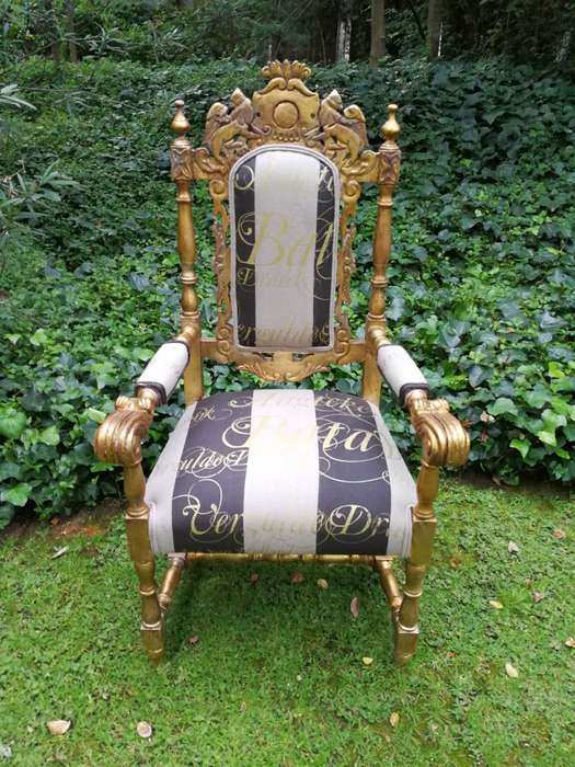 Pair of 19th Century carved teak and gilded in gold leaf open arm throne chairs         ...