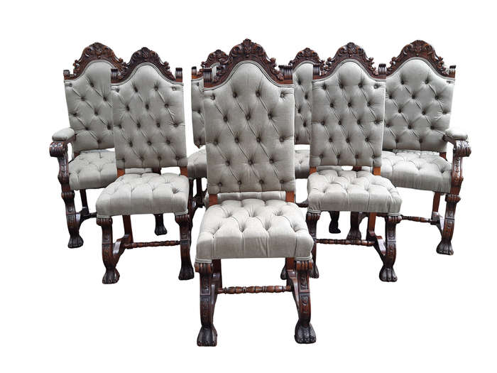 A Set of 8 Antique/Vintage Dining Chairs (2 carvers and 6 dining chairs) upholstered imported Eng...