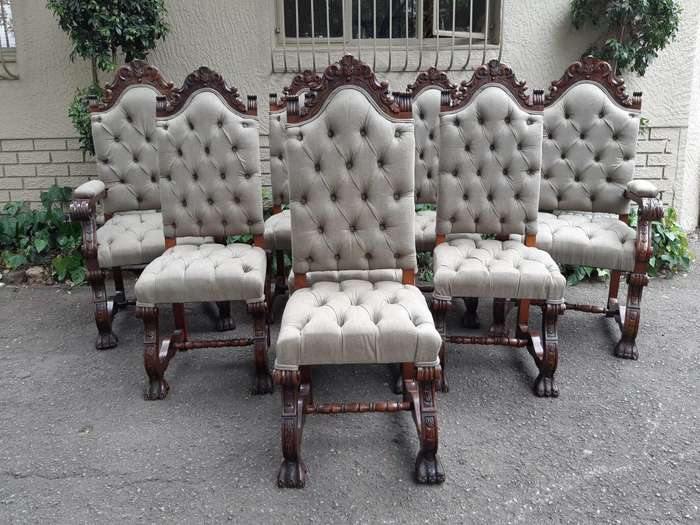 A Set of 8 Antique/Vintage Dining Chairs (2 carvers and 6 dining chairs) upholstered imported Eng...