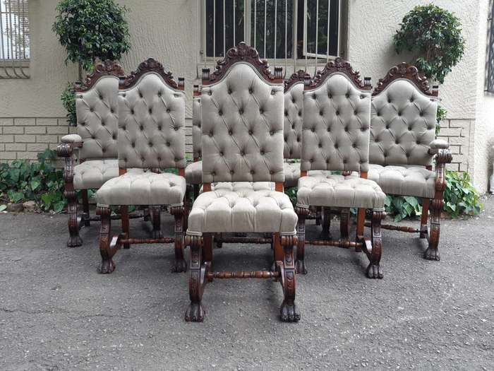A Set of 8 Antique/Vintage Dining Chairs (2 carvers and 6 dining chairs) upholstered imported Eng...