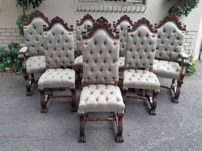 A Set of 8 Antique/Vintage Dining Chairs (2 carvers and 6 dining chairs) upholstered imported Eng...