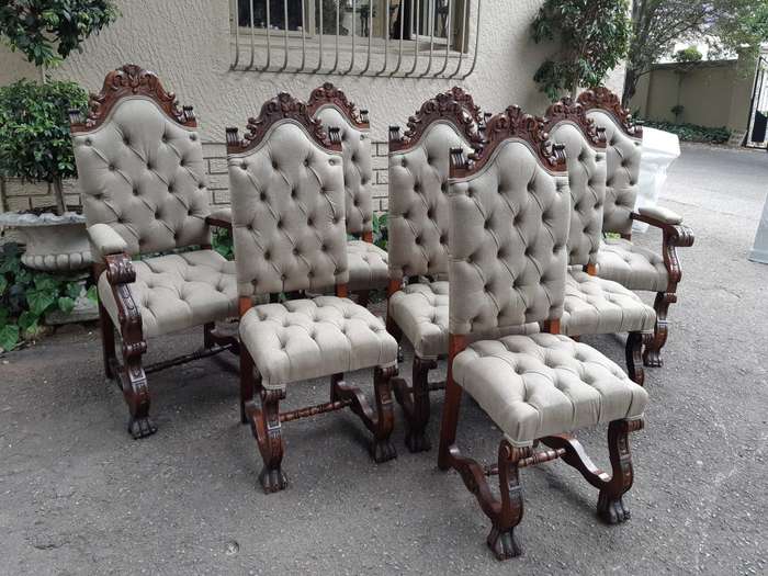 A Set of 8 Antique/Vintage Dining Chairs (2 carvers and 6 dining chairs) upholstered imported Eng...