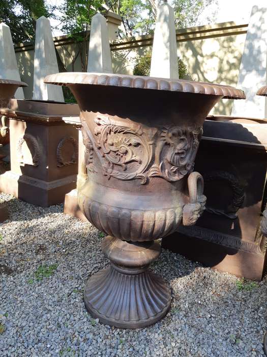 20TH Century French Set of Five Massive Cast Iron Urns on Plinths