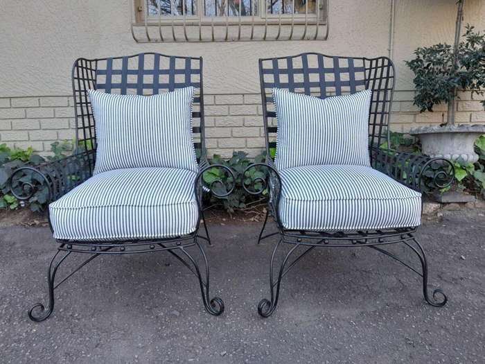 A Pair of Custom-Made Heavy Wrought Iron Highly decorative Wrought Iron Armchairs With Ticking Cu...