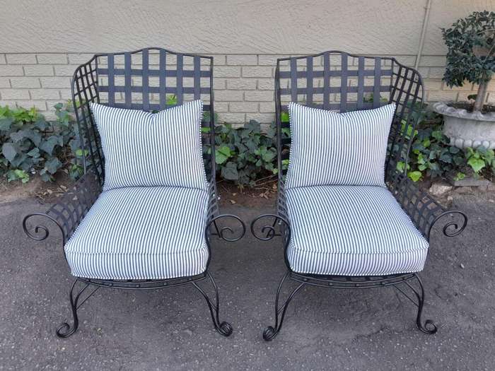 A Pair of Custom-Made Heavy Wrought Iron Highly decorative Wrought Iron Armchairs With Ticking Cu...