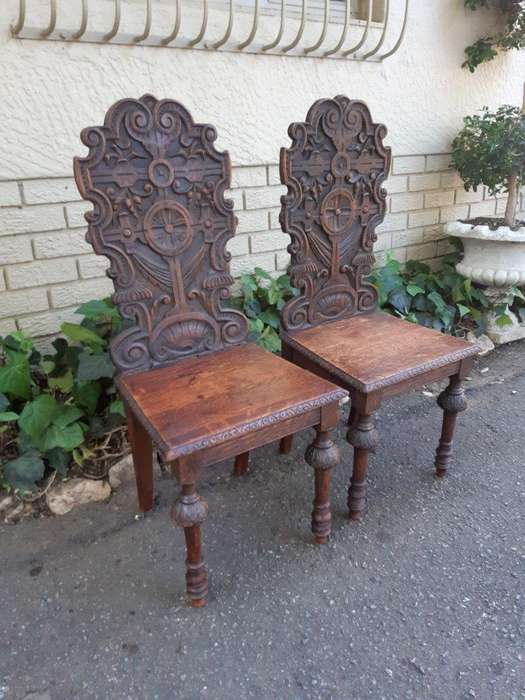 Pair Of "Gothic Revival" Carved Oak Hall Chairs