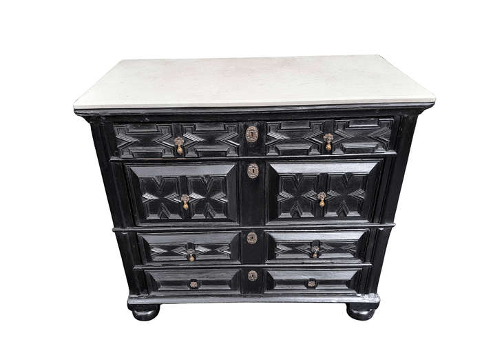 An Antique Early 18th Century Oak Chest of Drawers with Original Hardware in a Contemporary Finis...