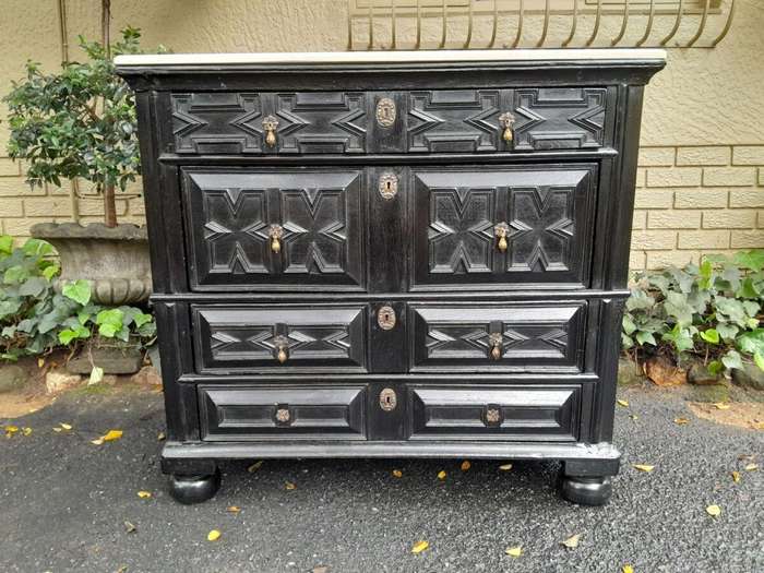 An Antique Early 18th Century Oak Chest of Drawers with Original Hardware in a Contemporary Finis...