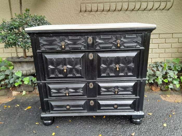 An Antique Early 18th Century Oak Chest of Drawers with Original Hardware in a Contemporary Finis...