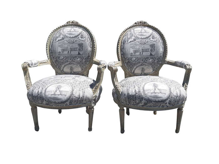 Pair of French Style Carved Armchairs, Light Natural Colour in (upholstered Imported Linen and Co...