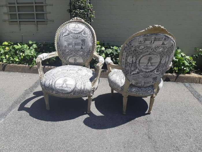 Pair of French Style Carved Armchairs, Light Natural Colour in (upholstered Imported Linen and Co...