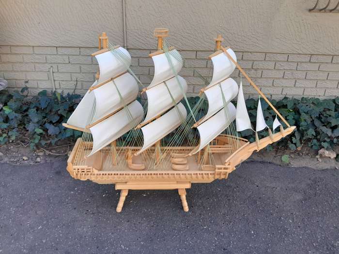 A 20th Century Hand Carved Wooden Model Ship of Large Proportions