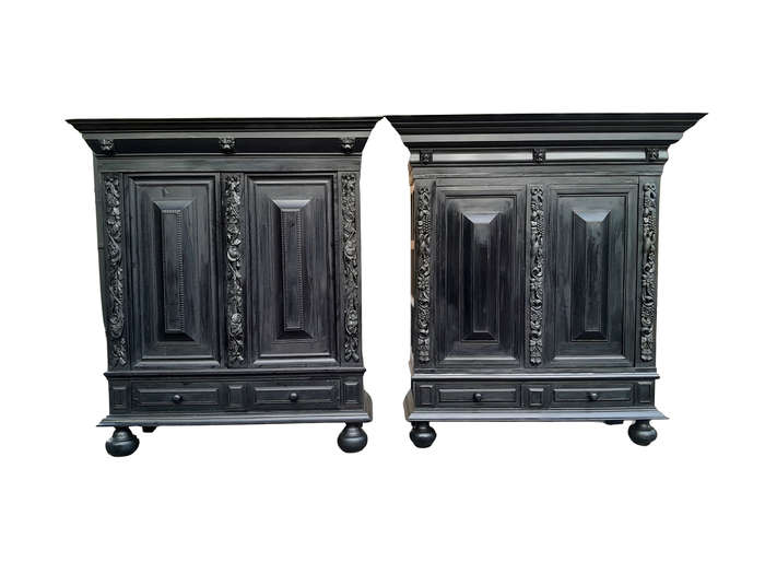 A Mid 20th Century Near Pair of Dutch Oak Kussenkasts On Bun Feet In a Contemporary Ebonised Fini...