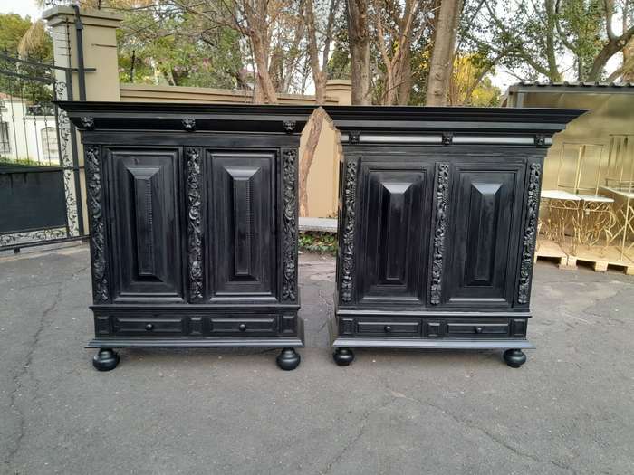 A Mid 20th Century Near Pair of Dutch Oak Kussenkasts On Bun Feet In a Contemporary Ebonised Fini...