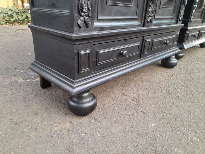 A Mid 20th Century Near Pair of Dutch Oak Kussenkasts On Bun Feet In a Contemporary Ebonised Fini...