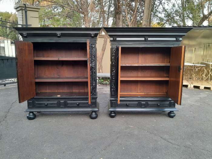 A Mid 20th Century Near Pair of Dutch Oak Kussenkasts On Bun Feet In a Contemporary Ebonised Fini...