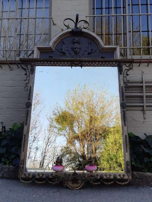 Victorian Gilded Mirror  Wooden Mirror with a Brass Rim and Oil Lamps.  Circa Mid/Late 1800s
