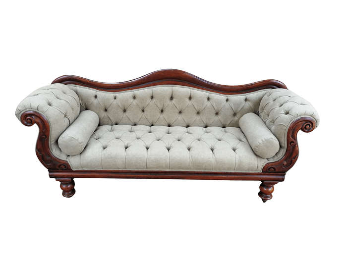 An Antique Victorian Carved Rosewood Settee on Castors Unholstered in French Linen with Bolsters ...