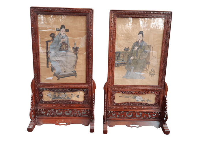 A Rare Pair of Late 19th Century Chinese Portraits on Silk in Chinese Wooden Carved Standing Frames