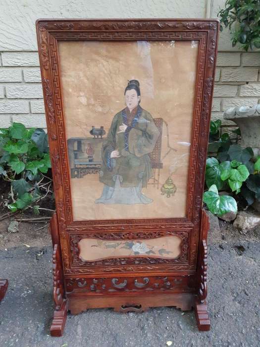 A Rare Pair of Late 19th Century Chinese Portraits on Silk in Chinese Wooden Carved Standing Frames