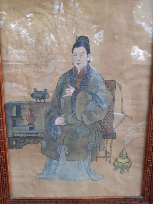 A Rare Pair of Late 19th Century Chinese Portraits on Silk in Chinese Wooden Carved Standing Frames