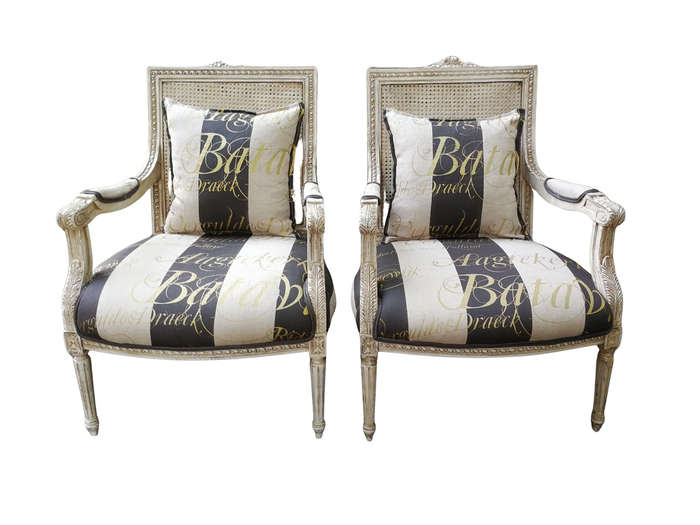 Pair Of French Style Rattan Painted Armchairs Upholstered In Imported Hand Painted Linen