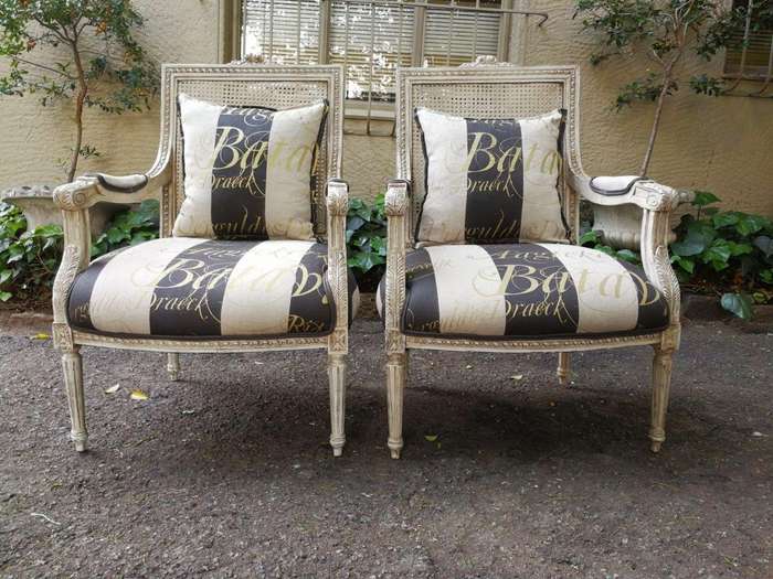 Pair Of French Style Rattan Painted Armchairs Upholstered In Imported Hand Painted Linen