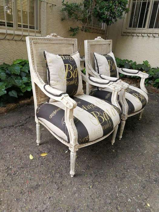 Pair Of French Style Rattan Painted Armchairs Upholstered In Imported Hand Painted Linen