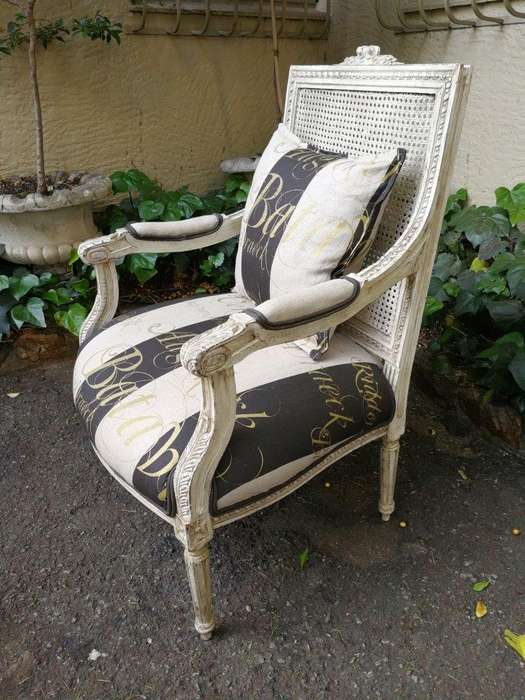 Pair Of French Style Rattan Painted Armchairs Upholstered In Imported Hand Painted Linen