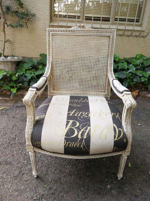 Pair Of French Style Rattan Painted Armchairs Upholstered In Imported Hand Painted Linen