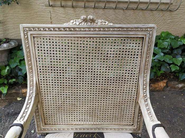Pair Of French Style Rattan Painted Armchairs Upholstered In Imported Hand Painted Linen