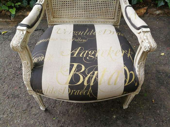 Pair Of French Style Rattan Painted Armchairs Upholstered In Imported Hand Painted Linen
