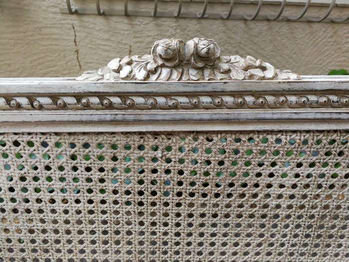 Pair Of French Style Rattan Painted Armchairs Upholstered In Imported Hand Painted Linen