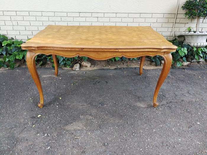 French Walnut Parquetry Extending Dining Table Parquetry Top, Slight Serpentine Outer Edge And Ca...