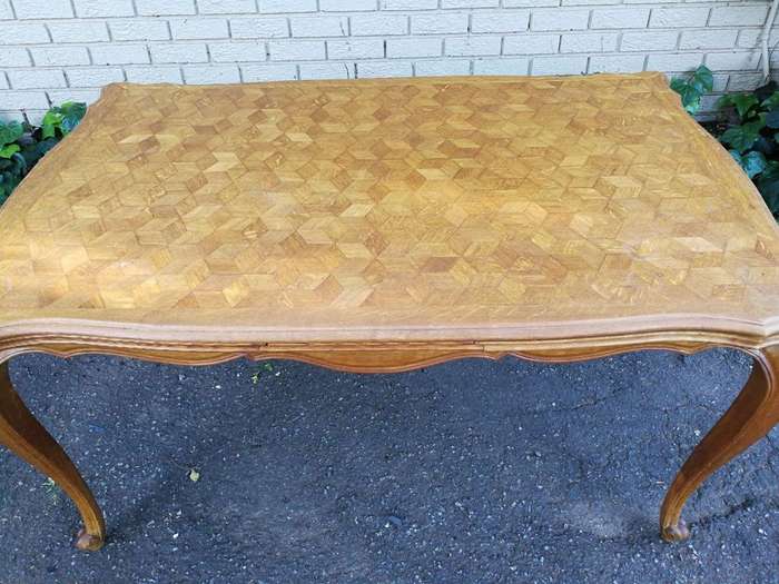 French Walnut Parquetry Extending Dining Table Parquetry Top, Slight Serpentine Outer Edge And Ca...