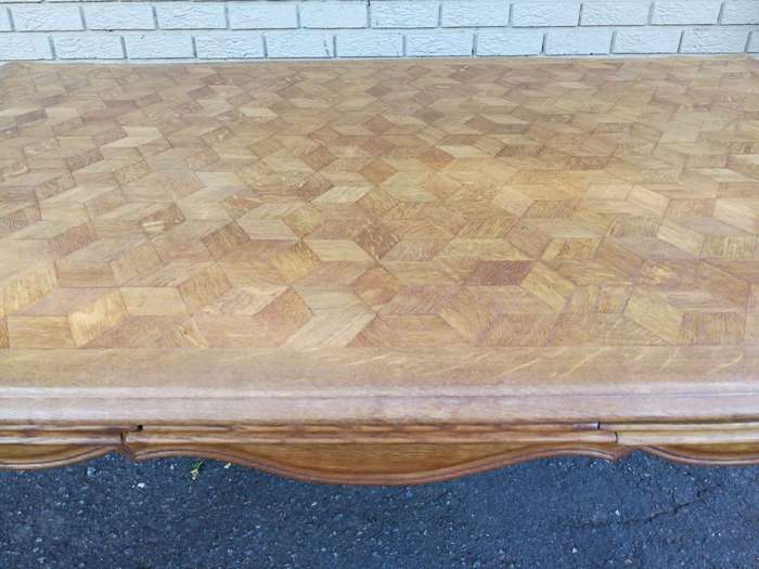 French Walnut Parquetry Extending Dining Table Parquetry Top, Slight Serpentine Outer Edge And Ca...