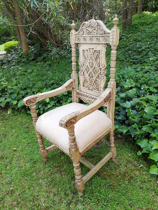 A 19th Century Continental Bleached / Natural Wood Finish and Carved Armchair With upholstered
