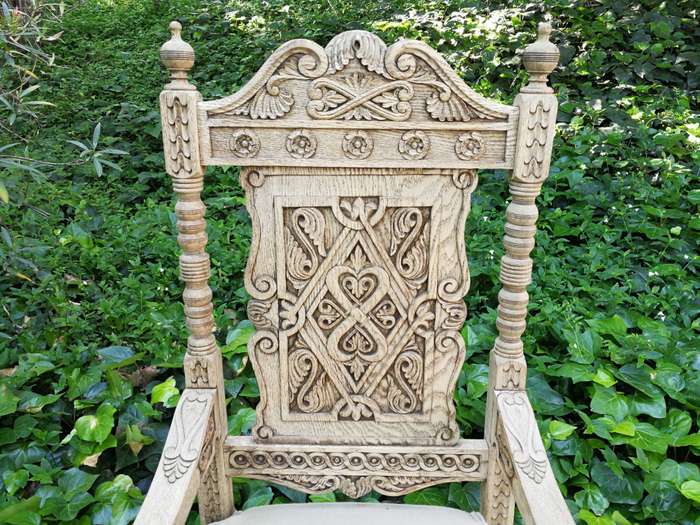 A 19th Century Continental Bleached / Natural Wood Finish and Carved Armchair With upholstered